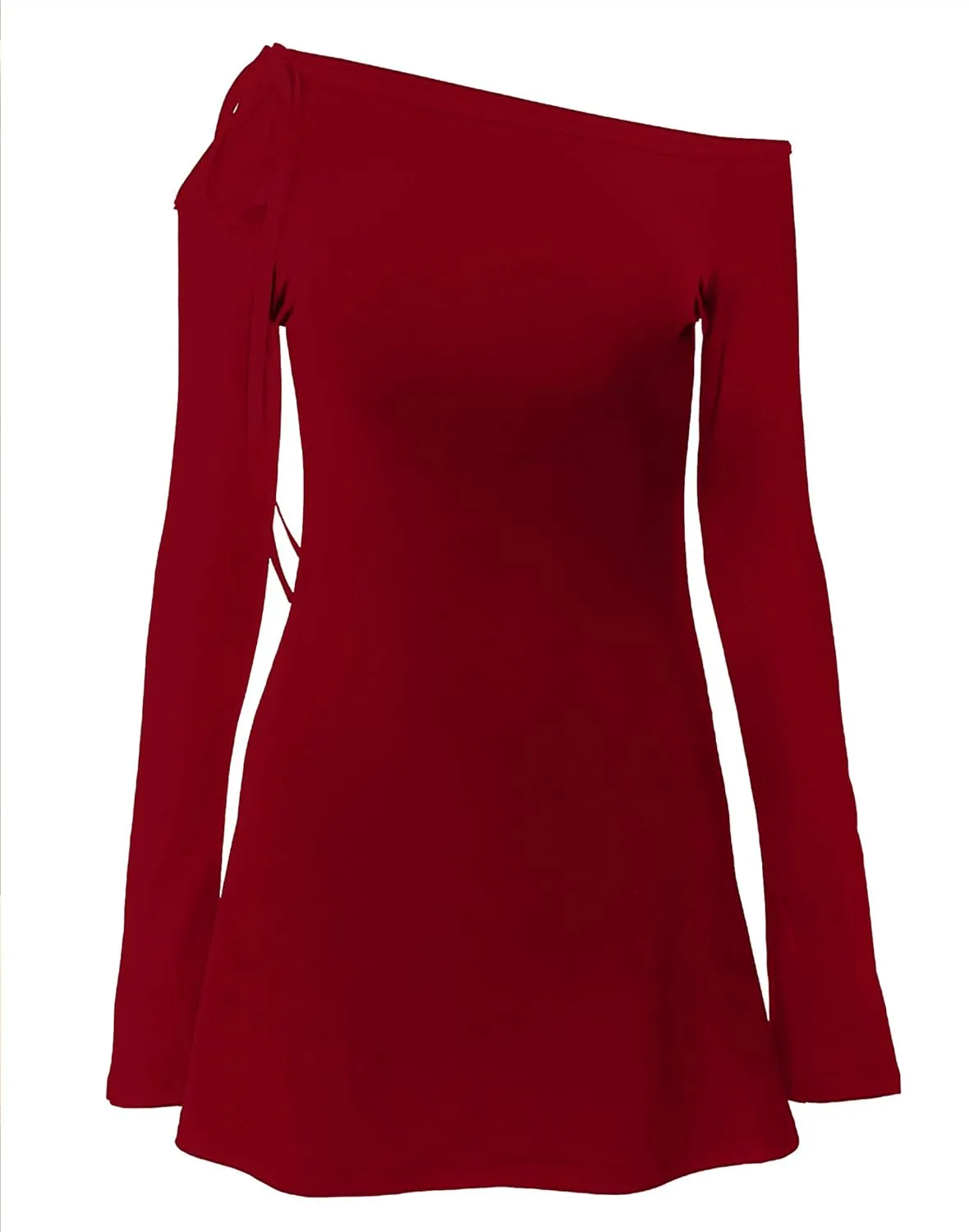 HYPERFIRE Women's Shoulder Tie Long Sleeve Asymmetrical Dress Boat Neck Cocktail Mini Dresses