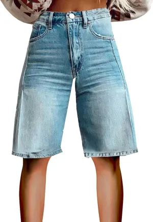 Jean Shorts for Women Denim Bermuda Shorts Y2k Vintage Straight Leg Denim Short Knee Length Jean with Pockets