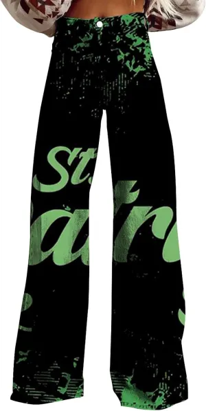 Jeans for Women Wide Leg Baggy Prints Vintage St Patrick's Day Pant High Waisted Straight Stretch Pants with Pockets