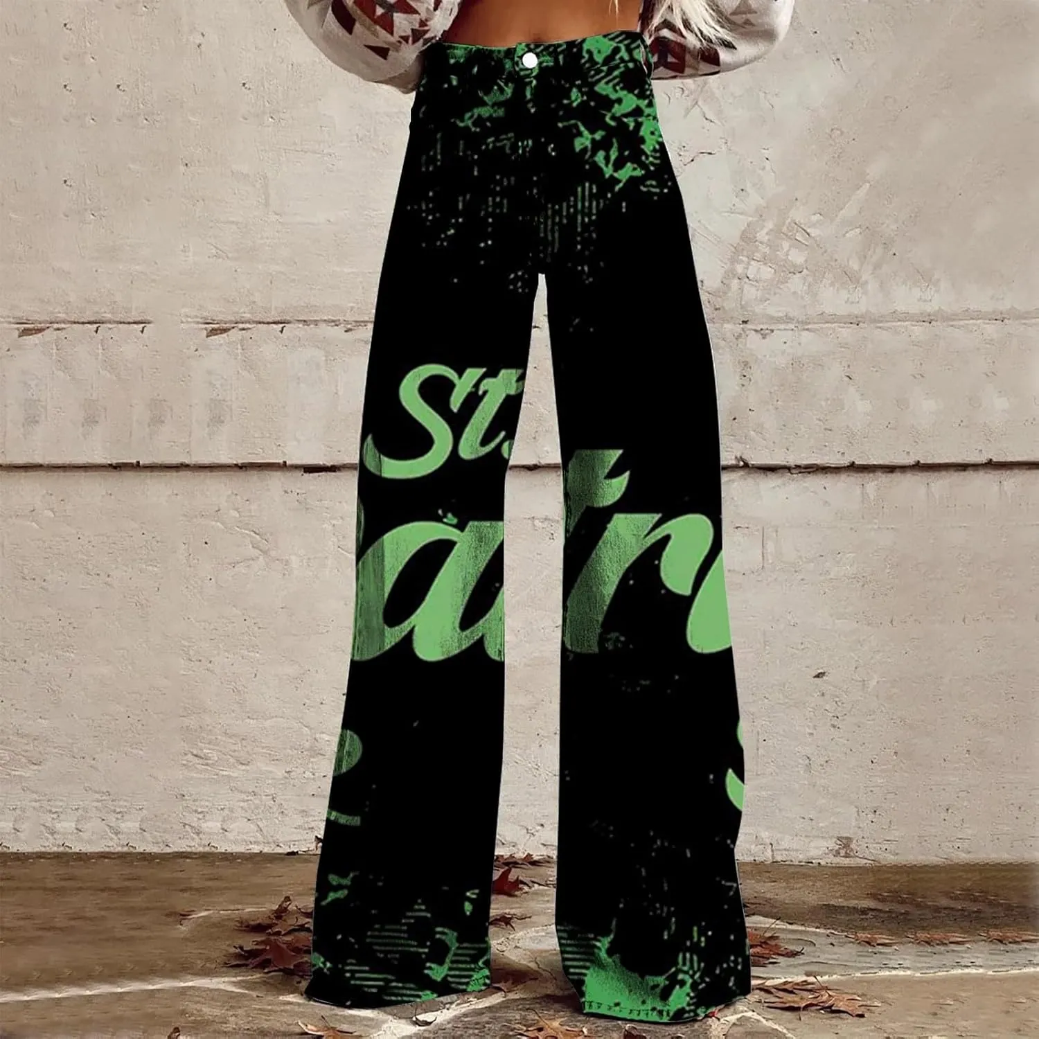 Jeans for Women Wide Leg Baggy Prints Vintage St Patrick's Day Pant High Waisted Straight Stretch Pants with Pockets