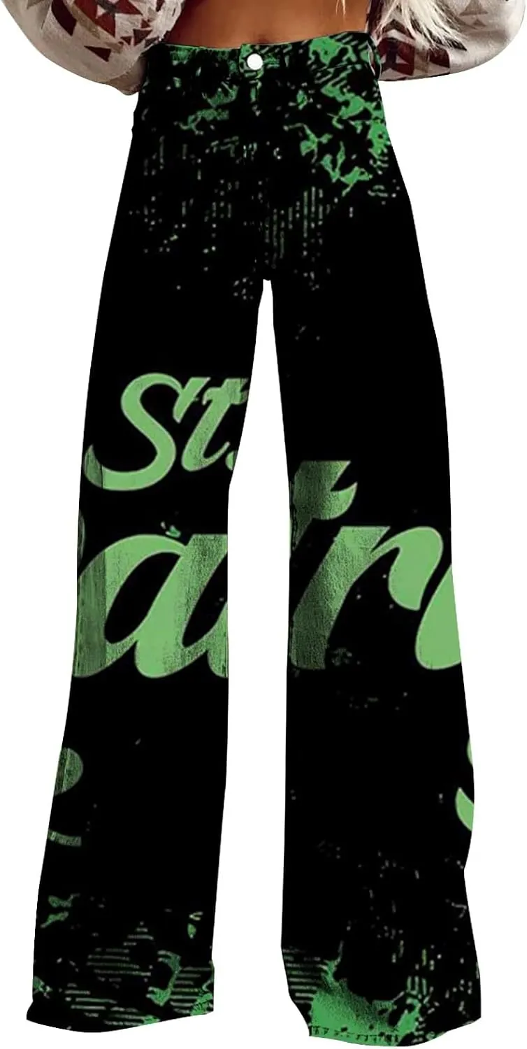 Jeans for Women Wide Leg Baggy Prints Vintage St Patrick's Day Pant High Waisted Straight Stretch Pants with Pockets