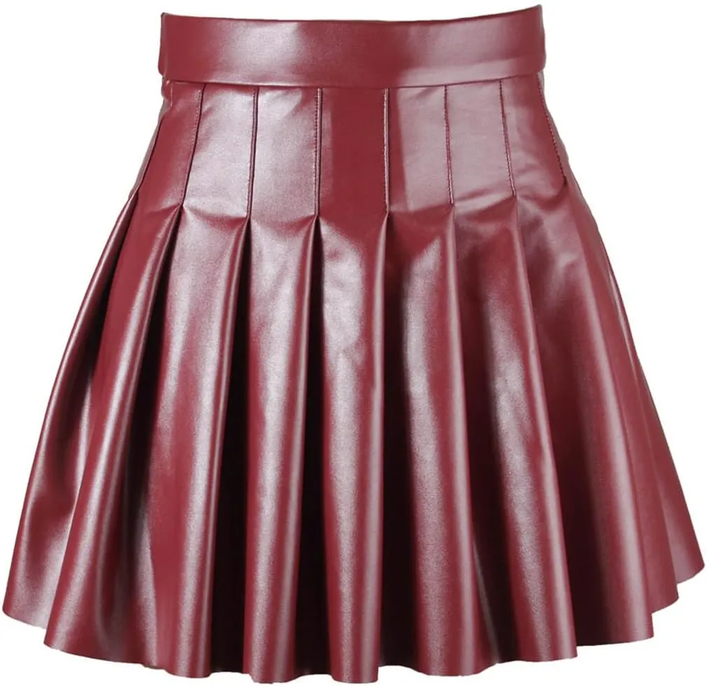 JEWEKY Leather Mini Skirt - High Waist Pleated Skirt with Flared Hem - Perfect for Parties & Clubs