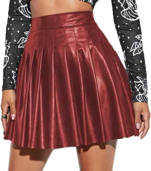 JEWEKY Leather Mini Skirt - High Waist Pleated Skirt with Flared Hem - Perfect for Parties & Clubs