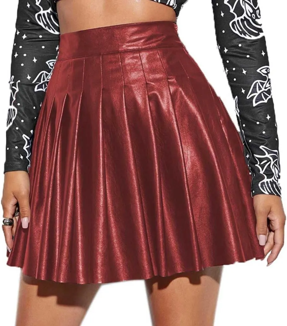 JEWEKY Leather Mini Skirt - High Waist Pleated Skirt with Flared Hem - Perfect for Parties & Clubs