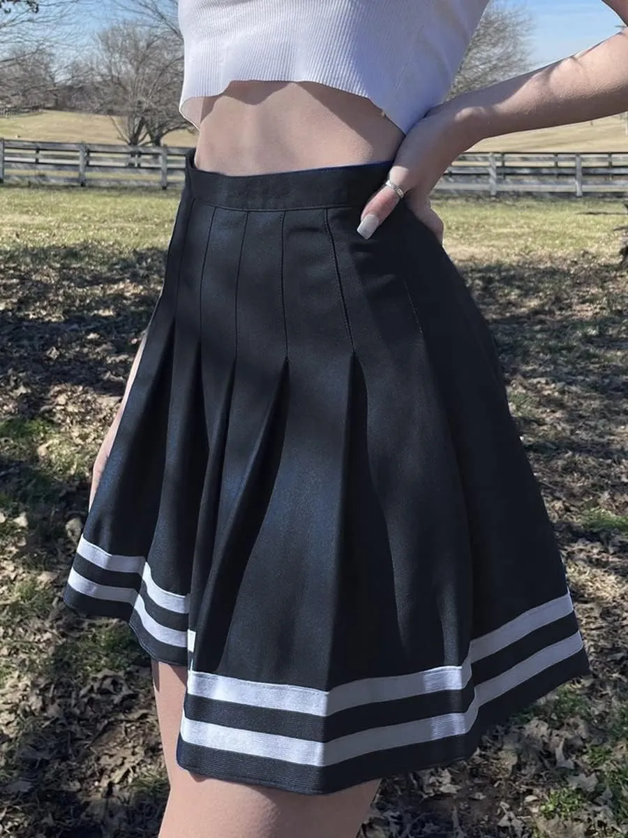 Karwuiio Womens Mini Skirt Contrast Color Striped High Waist Pleated Skirt Summer Dress Leisure Wear for LWomen
