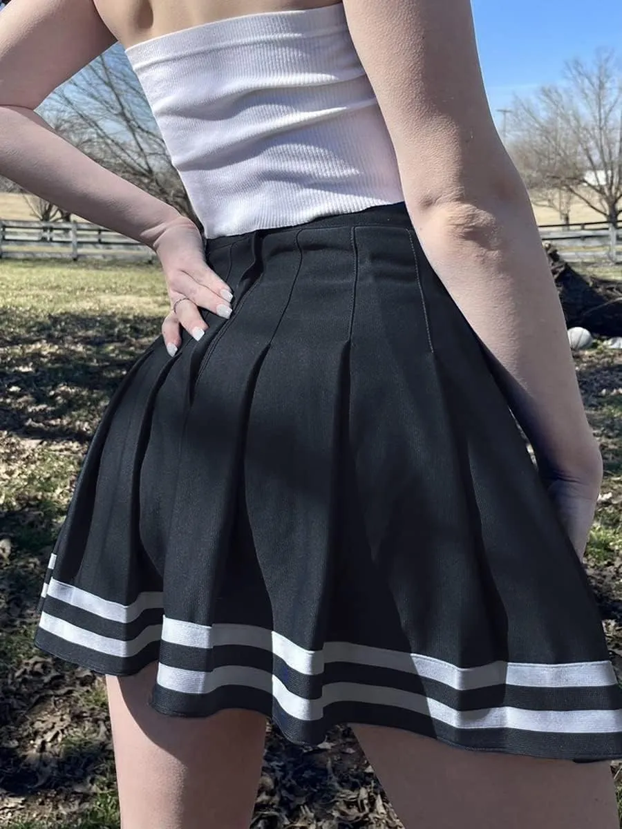 Karwuiio Womens Mini Skirt Contrast Color Striped High Waist Pleated Skirt Summer Dress Leisure Wear for LWomen