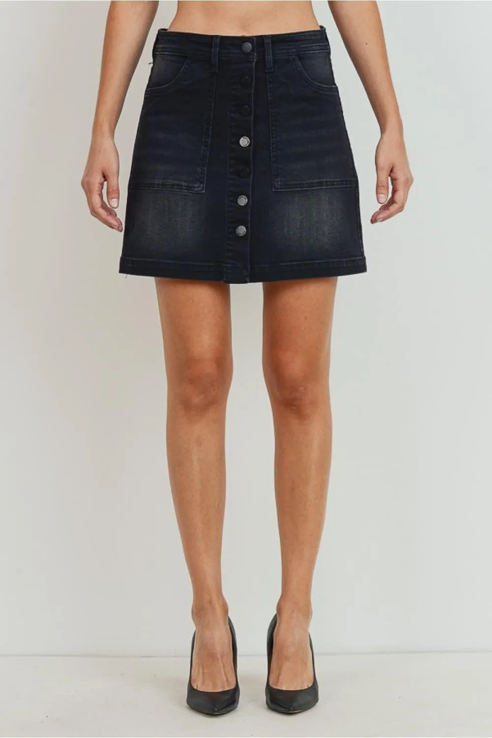 Khanomak Women's High Waist Front Button Closure with Front Pockets Denim A-line Skirt