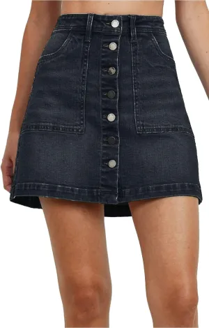 Khanomak Women's High Waist Front Button Closure with Front Pockets Denim A-line Skirt