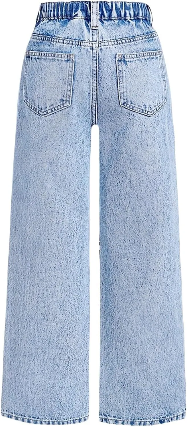 Kids Girls Baggy Denim Jeans Ripped High Waisted Elastic Straight Casual Pants with Pockets Streetwear Distressed Jeans