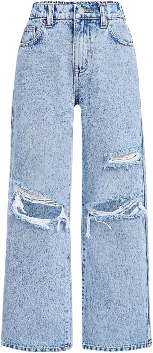 Kids Girls Baggy Denim Jeans Ripped High Waisted Elastic Straight Casual Pants with Pockets Streetwear Distressed Jeans