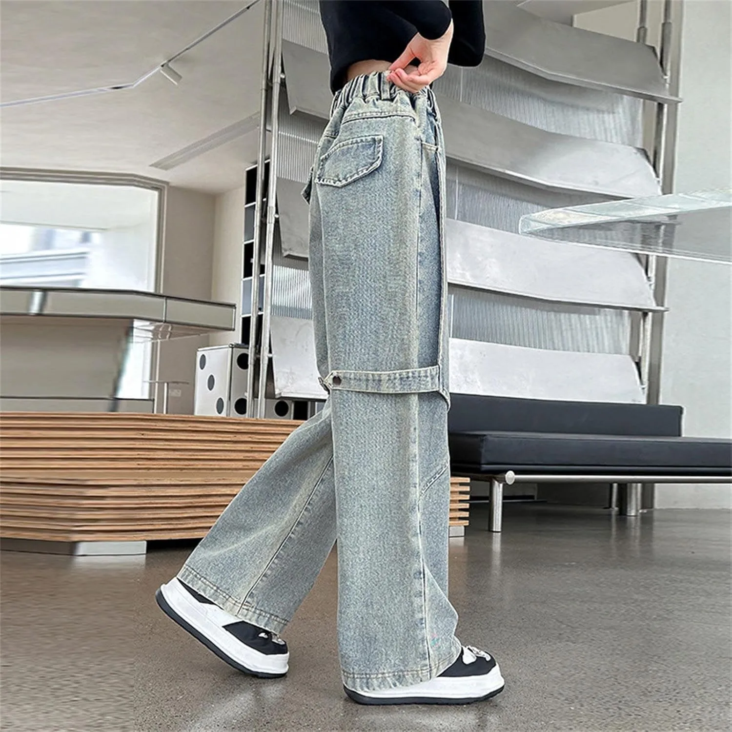 Kids Girls Denim Baggy Pants Solid Color Children Girls Teens Wide Leg Loose Fit Casual Pants with Pockets