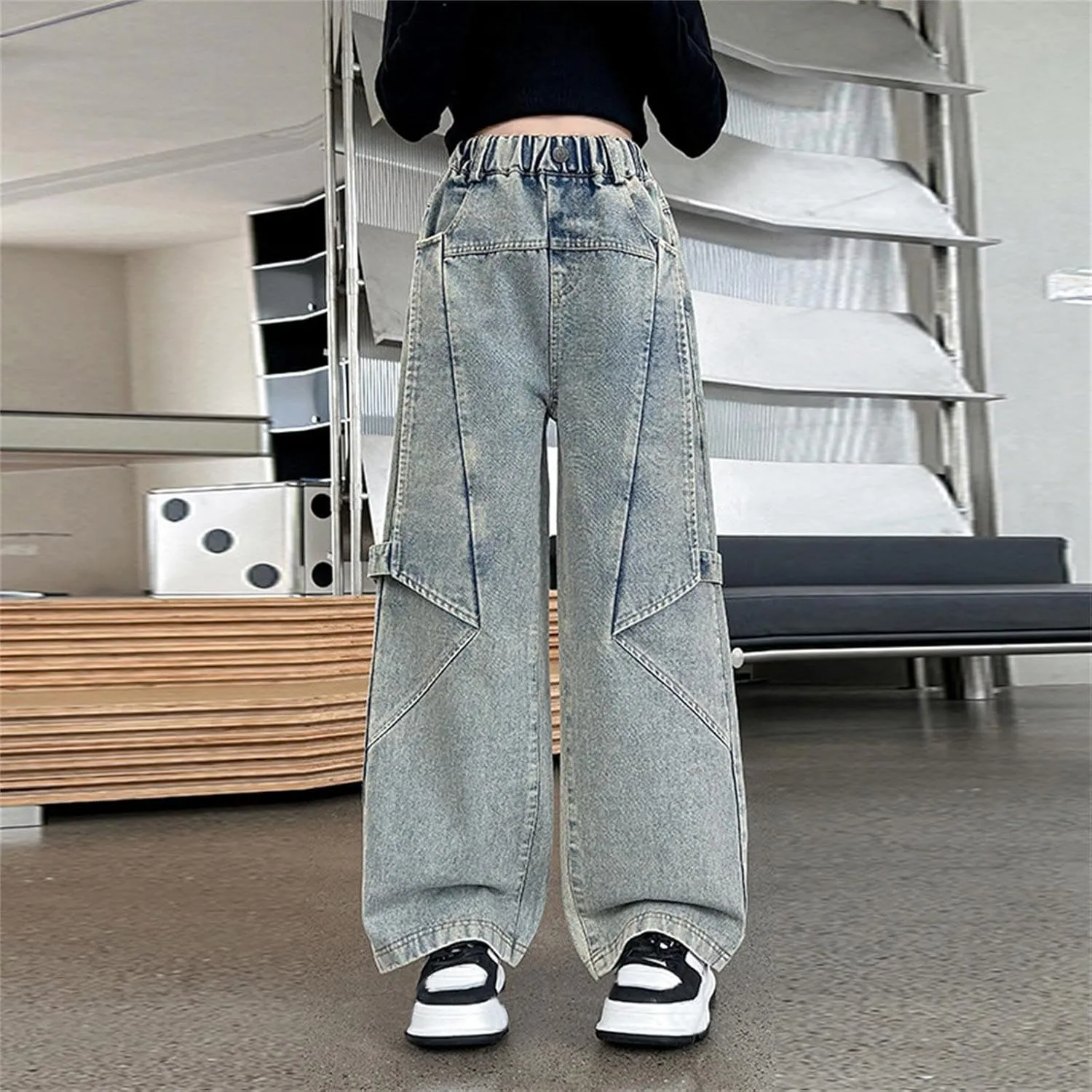 Kids Girls Denim Baggy Pants Solid Color Children Girls Teens Wide Leg Loose Fit Casual Pants with Pockets