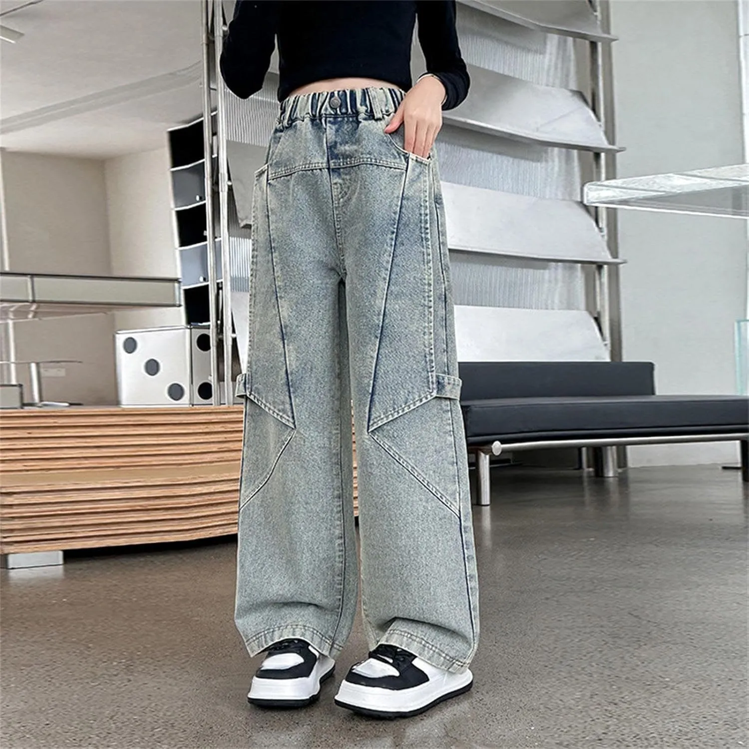 Kids Girls Denim Baggy Pants Solid Color Children Girls Teens Wide Leg Loose Fit Casual Pants with Pockets