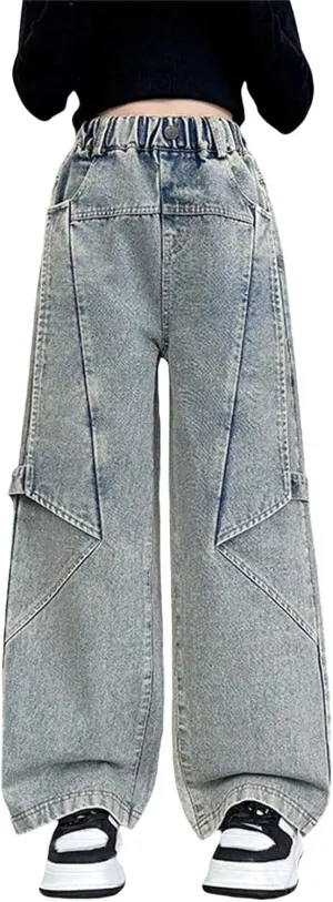 Kids Girls Denim Baggy Pants Solid Color Children Girls Teens Wide Leg Loose Fit Casual Pants with Pockets