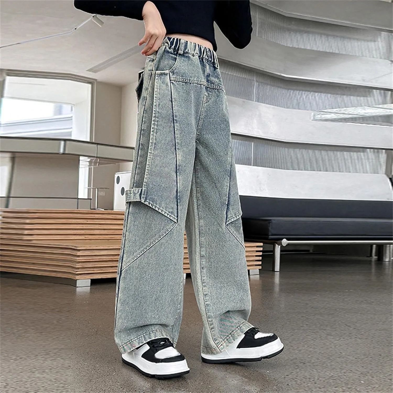 Kids Girls Denim Baggy Pants Solid Color Children Girls Teens Wide Leg Loose Fit Casual Pants with Pockets