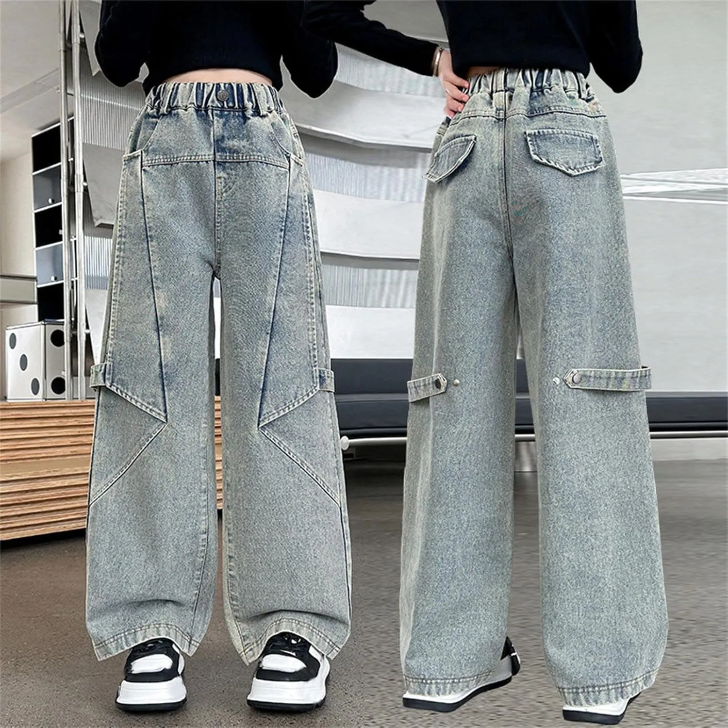 Kids Girls Denim Baggy Pants Solid Color Children Girls Teens Wide Leg Loose Fit Casual Pants with Pockets