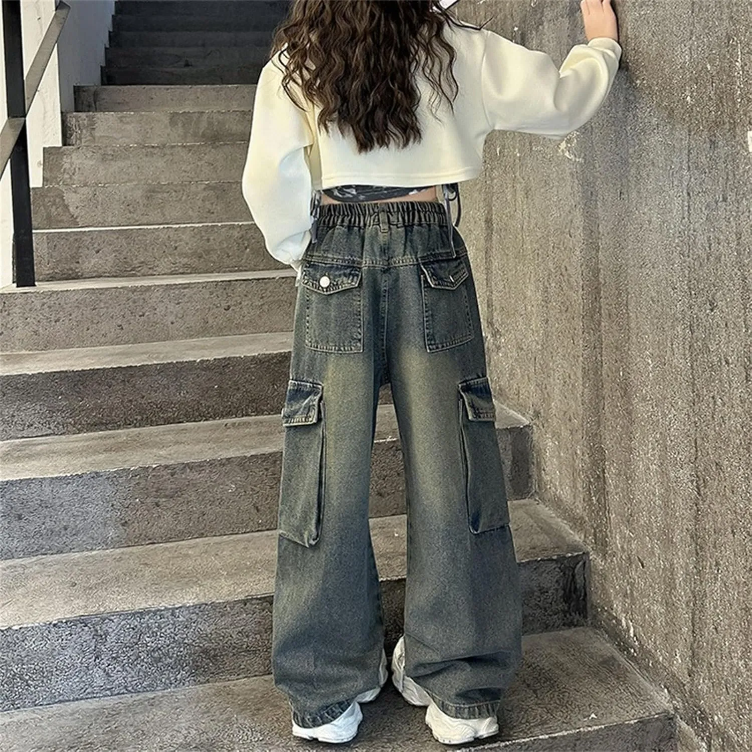 Kids Girls Wide Leg Baggy Jeans Teens Distressed Washed High Waisted Elastic Vintage Floor Length Jeans with Pockets