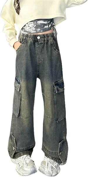 Kids Girls Wide Leg Baggy Jeans Teens Distressed Washed High Waisted Elastic Vintage Floor Length Jeans with Pockets