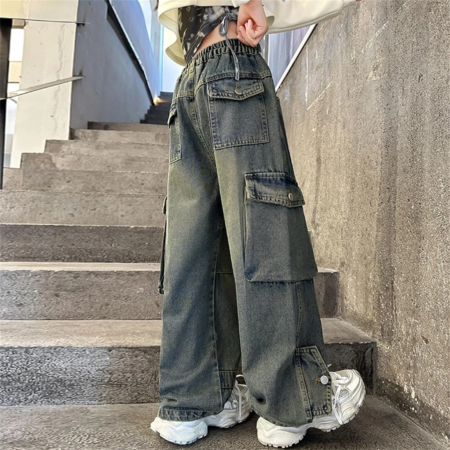 Kids Girls Wide Leg Baggy Jeans Teens Distressed Washed High Waisted Elastic Vintage Floor Length Jeans with Pockets