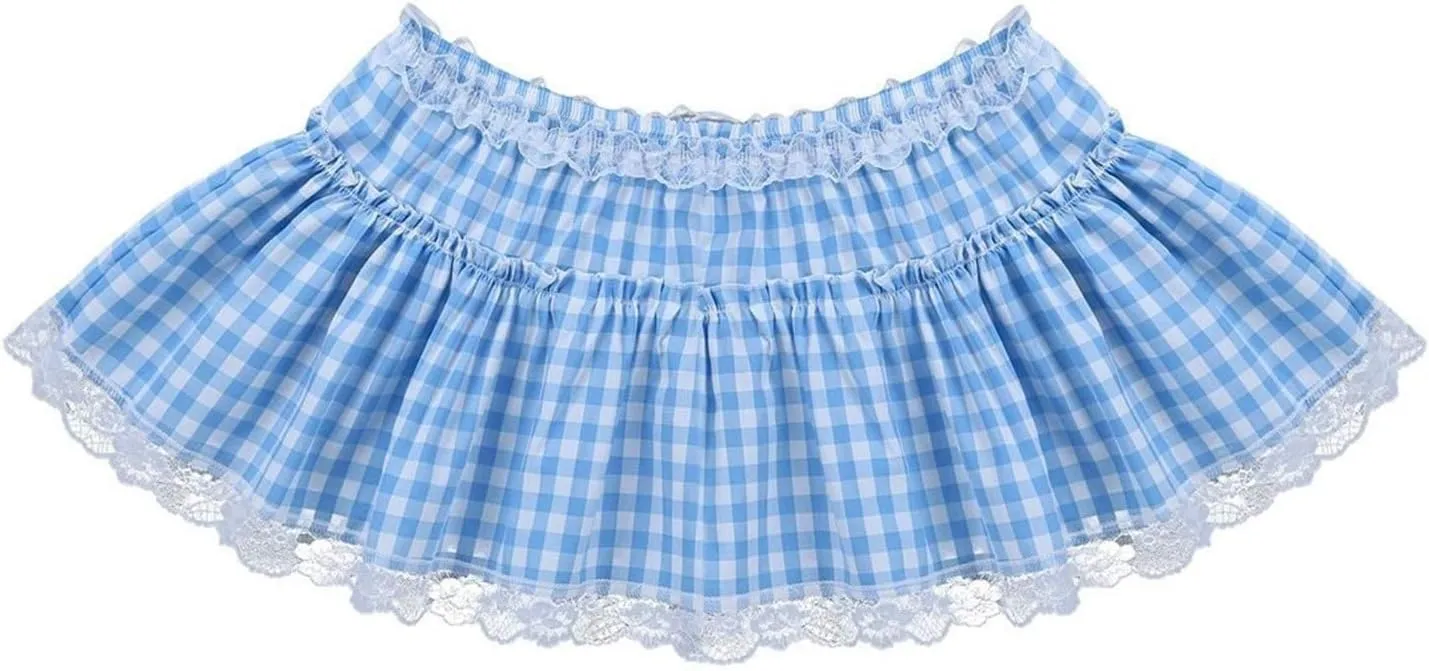 KMBANGI Adult Womens Gingham Short Skirt Pleated Ruffle A Line Plaid Mini Skirt Halloween Cosplay Costume Sissy Skirts