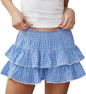 KMBANGI Adult Womens Gingham Short Skirt Pleated Ruffle A Line Plaid Mini Skirt Halloween Cosplay Costume Sissy Skirts