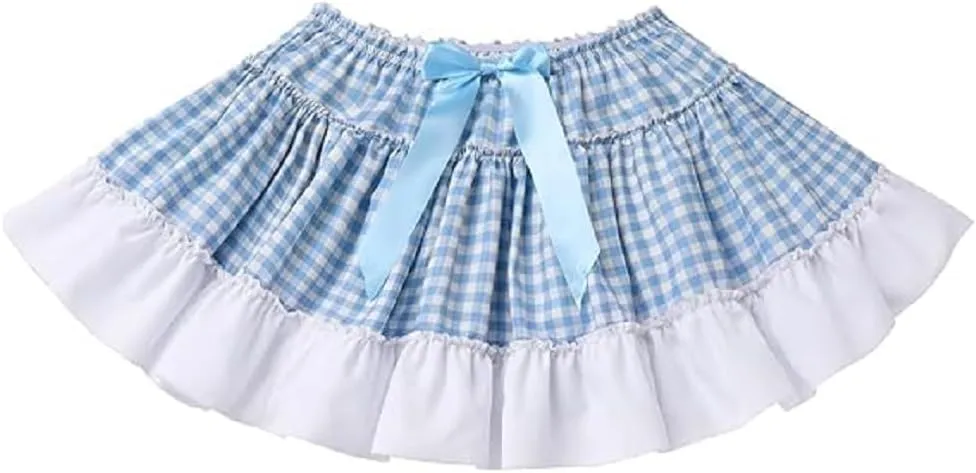 KMBANGI Adult Womens Gingham Short Skirt Pleated Ruffle A Line Plaid Mini Skirt Halloween Cosplay Costume Sissy Skirts