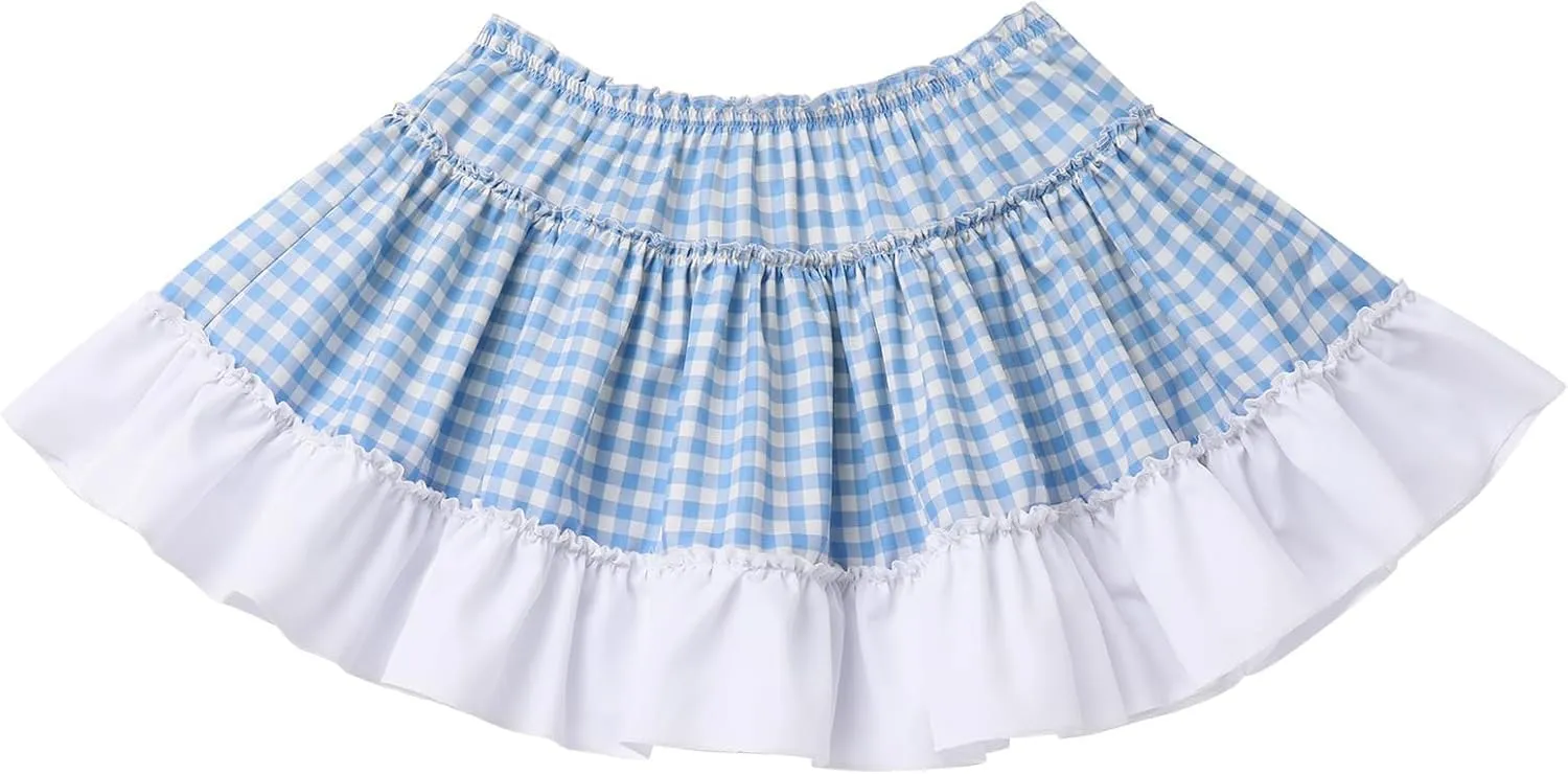 KMBANGI Adult Womens Gingham Short Skirt Pleated Ruffle A Line Plaid Mini Skirt Halloween Cosplay Costume Sissy Skirts