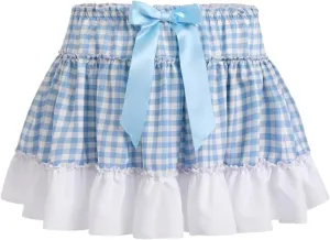 KMBANGI Adult Womens Gingham Short Skirt Pleated Ruffle A Line Plaid Mini Skirt Halloween Cosplay Costume Sissy Skirts