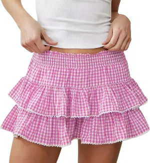 KMBANGI Adult Womens Gingham Short Skirt Pleated Ruffle A Line Plaid Mini Skirt Halloween Cosplay Costume Sissy Skirts