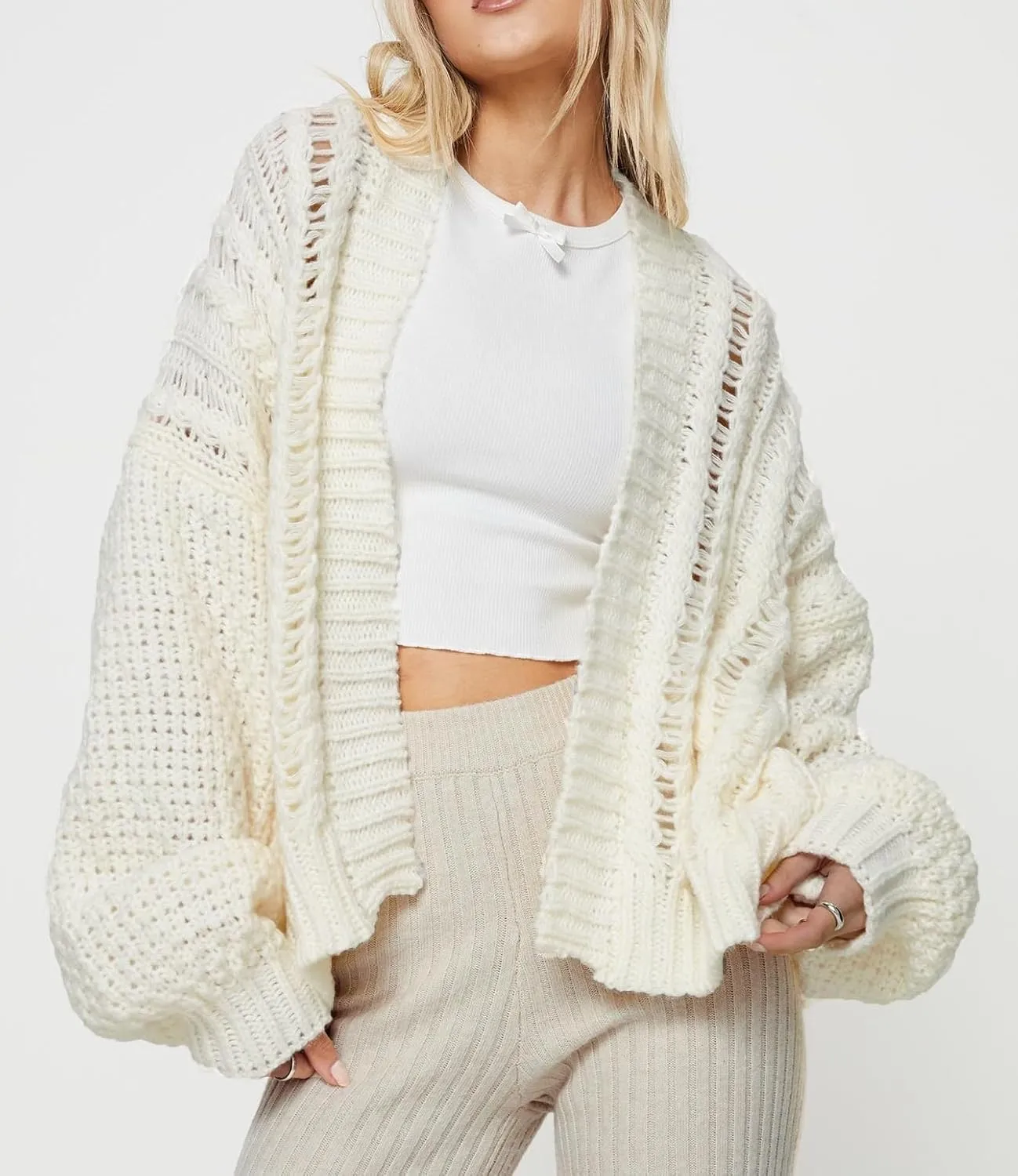KMBANGI Women Cable Knit Cardigan Cute Oversized Drop Shoulder Sweater Open Front Jumper Top Aesthetic Clothes