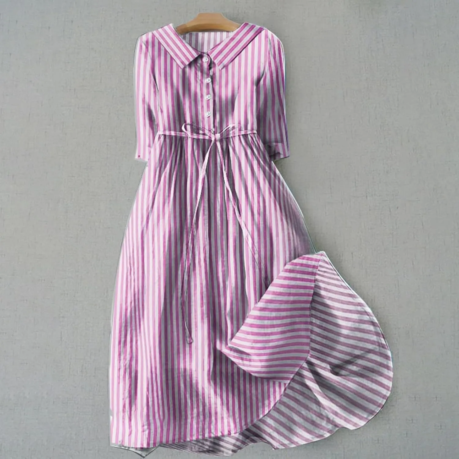 Korean Dress for Women Fashion Lace-Up Waist-Defined Henley Shirt Dress Summer Half Sleeve Trendy A-Line Dresses