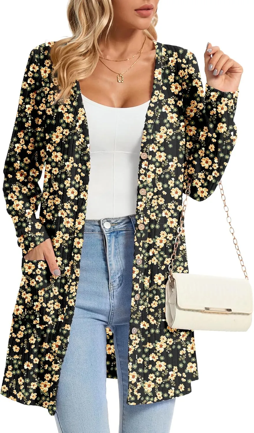 KUOTAI Womens Fall Fashion Lightweight Cardigan Long Sleeve Open Front Casual Knit Coat with Pockets