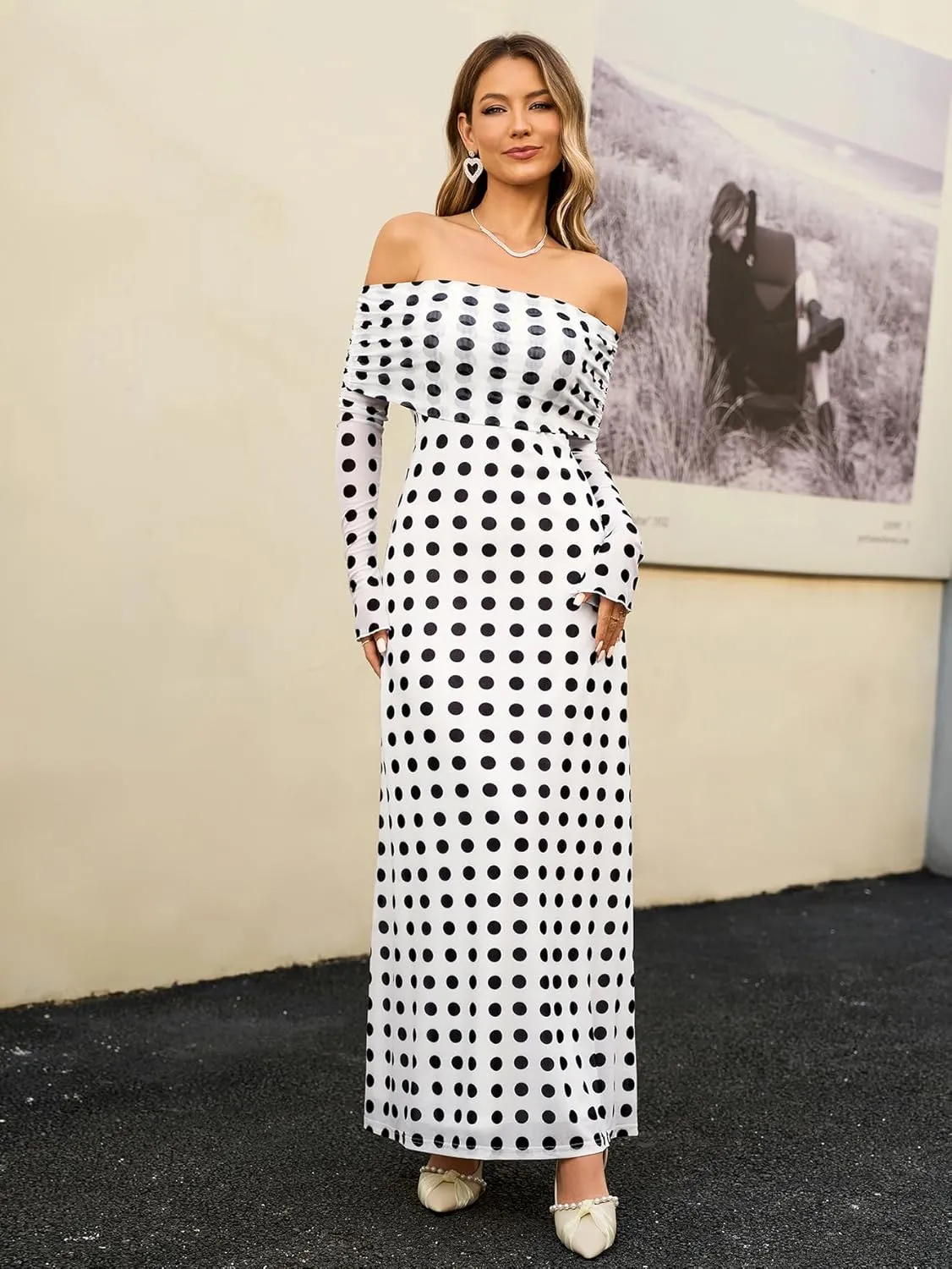 KUTUMAI Women Off Shoulder Bodycon Maxi Dress Long Sleeve Mesh Ruched Party Formal Wedding Guest Dresses