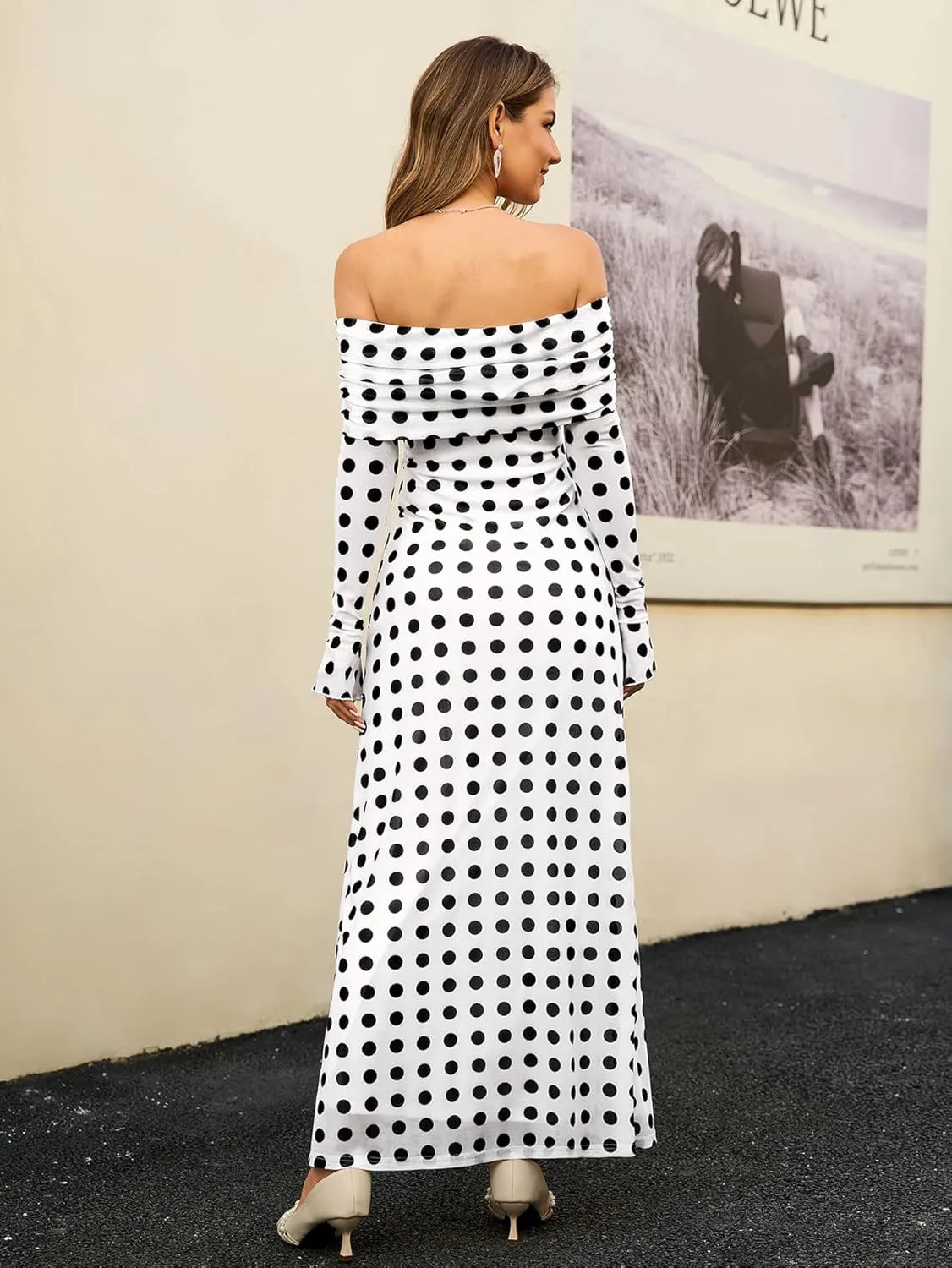 KUTUMAI Women Off Shoulder Bodycon Maxi Dress Long Sleeve Mesh Ruched Party Formal Wedding Guest Dresses