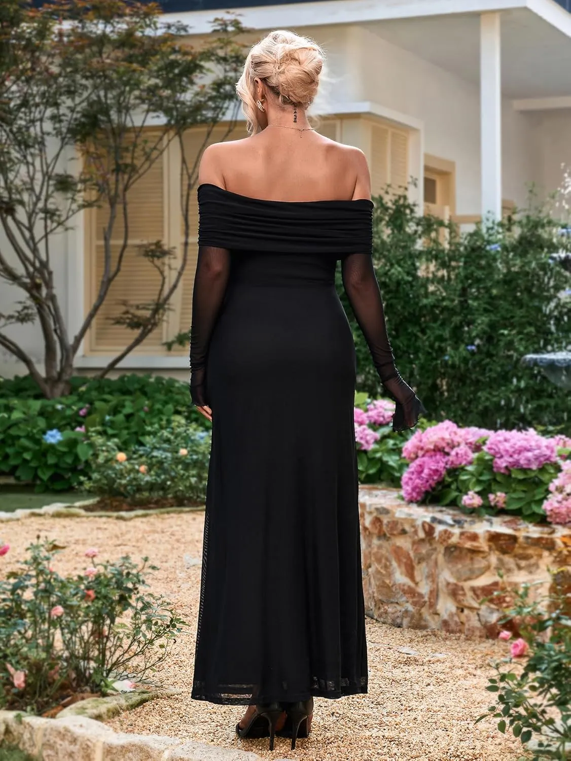 KUTUMAI Women Off Shoulder Bodycon Maxi Dress Long Sleeve Mesh Ruched Party Formal Wedding Guest Dresses