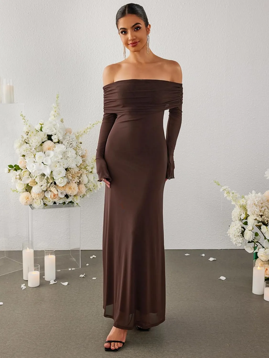 KUTUMAI Women Off Shoulder Bodycon Maxi Dress Long Sleeve Mesh Ruched Party Formal Wedding Guest Dresses