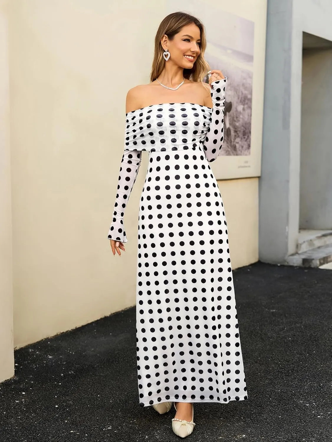 KUTUMAI Women Off Shoulder Bodycon Maxi Dress Long Sleeve Mesh Ruched Party Formal Wedding Guest Dresses