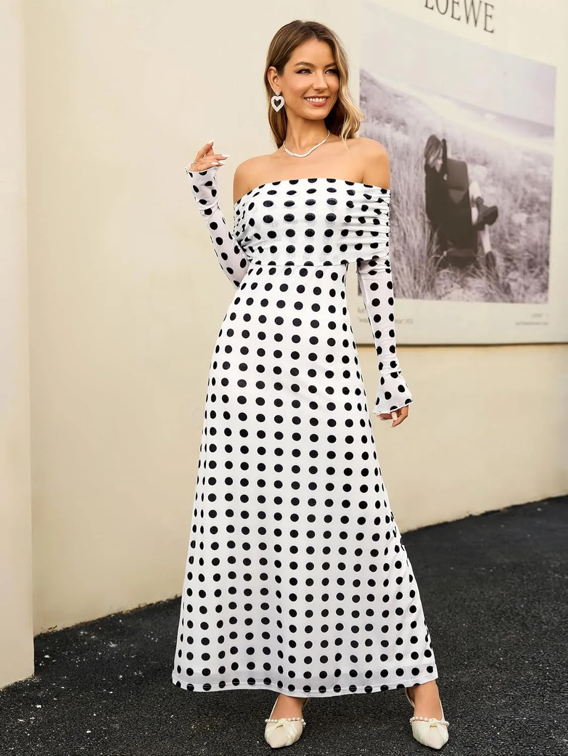 KUTUMAI Women Off Shoulder Bodycon Maxi Dress Long Sleeve Mesh Ruched Party Formal Wedding Guest Dresses