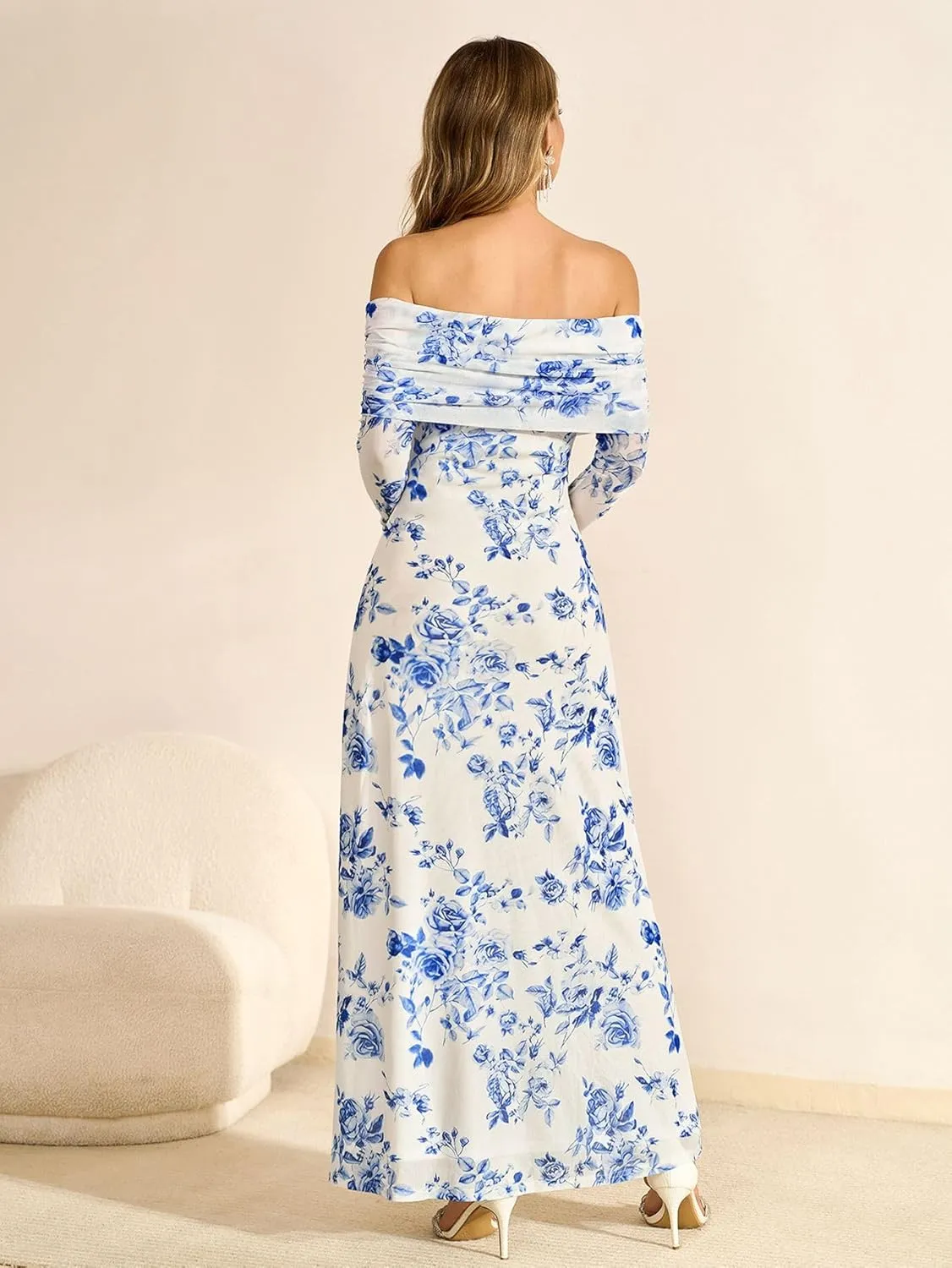 KUTUMAI Women Off Shoulder Bodycon Maxi Dress Long Sleeve Mesh Ruched Party Formal Wedding Guest Dresses