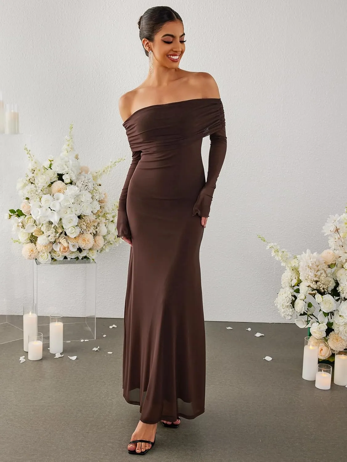 KUTUMAI Women Off Shoulder Bodycon Maxi Dress Long Sleeve Mesh Ruched Party Formal Wedding Guest Dresses