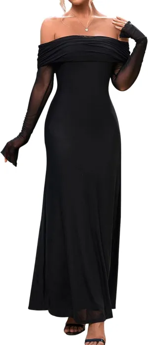 KUTUMAI Women Off Shoulder Bodycon Maxi Dress Long Sleeve Mesh Ruched Party Formal Wedding Guest Dresses