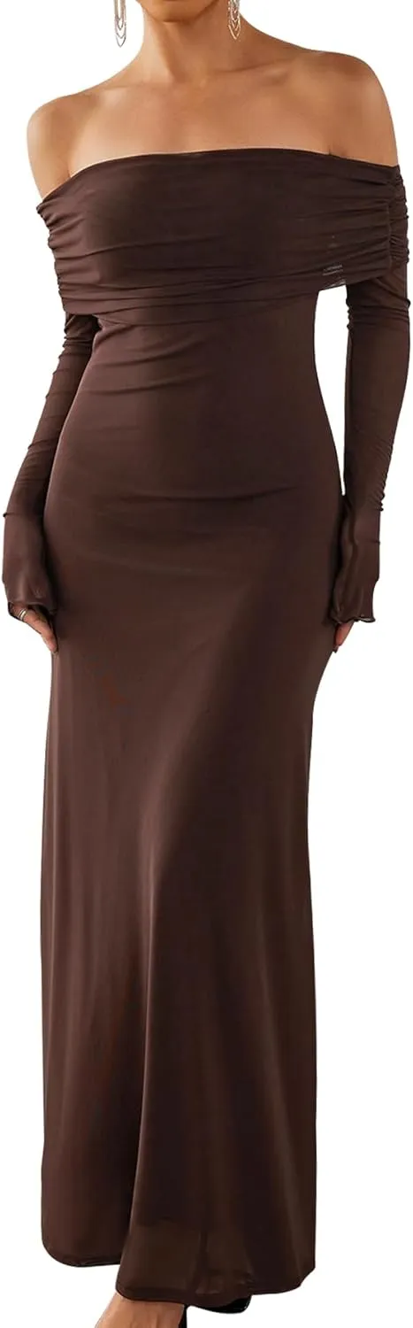 KUTUMAI Women Off Shoulder Bodycon Maxi Dress Long Sleeve Mesh Ruched Party Formal Wedding Guest Dresses