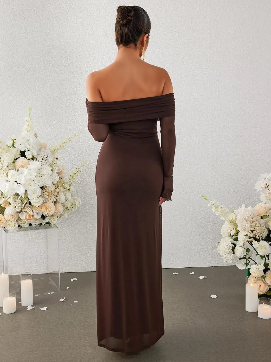 KUTUMAI Women Off Shoulder Bodycon Maxi Dress Long Sleeve Mesh Ruched Party Formal Wedding Guest Dresses