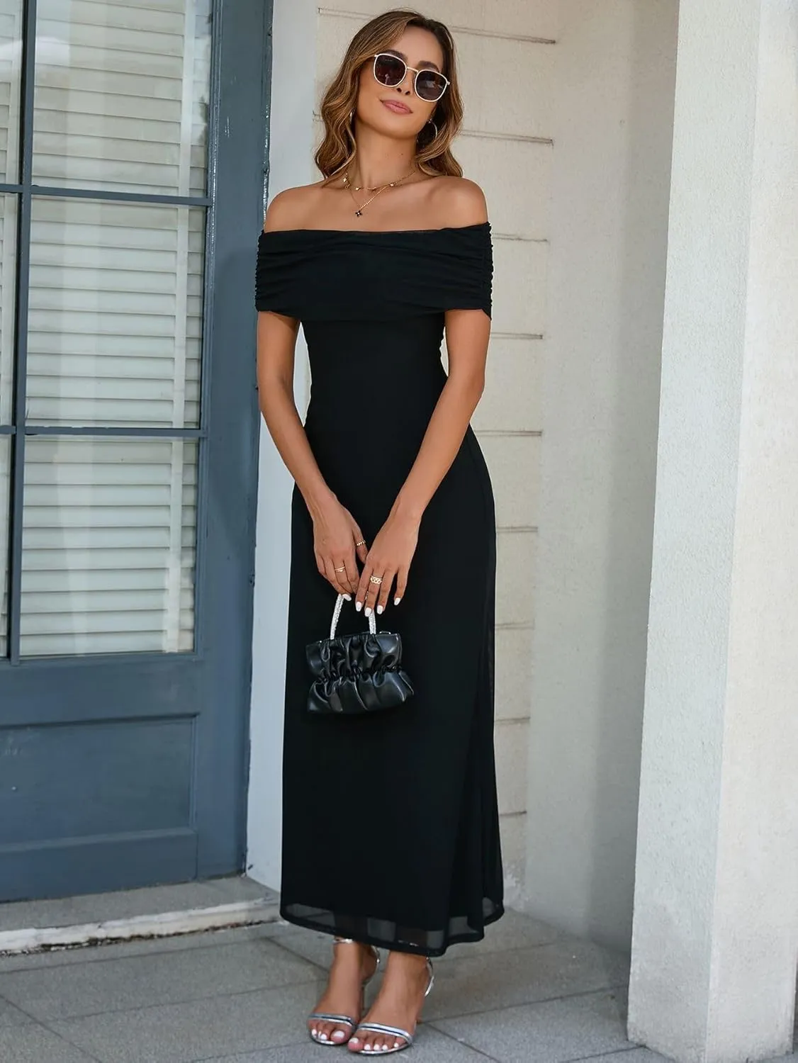 KUTUMAI Women Off Shoulder Bodycon Maxi Long Dress Mesh Ruched Elegant Formal Wedding Guest Dresses