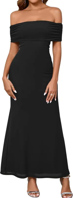 KUTUMAI Women Off Shoulder Bodycon Maxi Long Dress Mesh Ruched Elegant Formal Wedding Guest Dresses