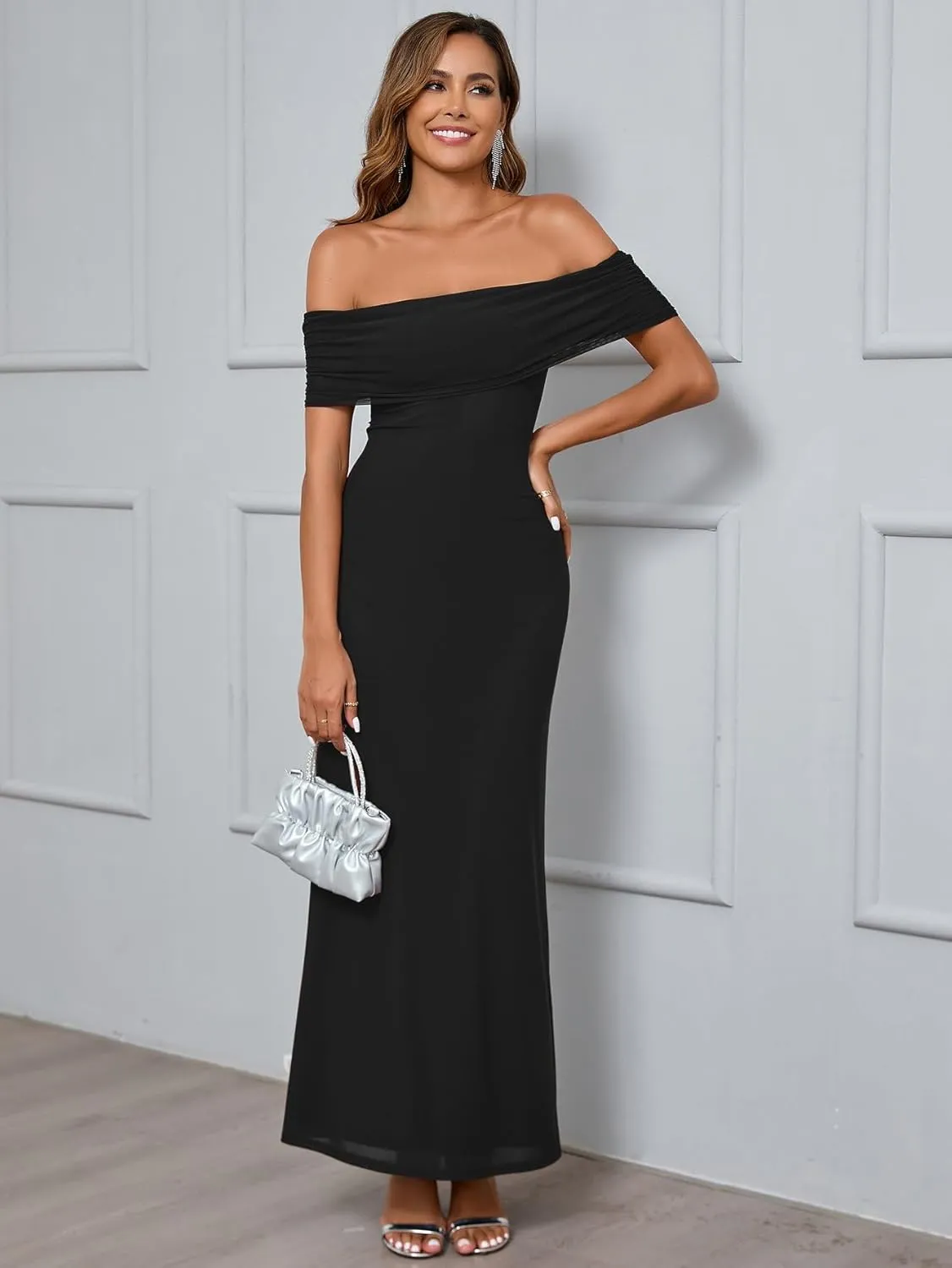 KUTUMAI Women Off Shoulder Bodycon Maxi Long Dress Mesh Ruched Elegant Formal Wedding Guest Dresses