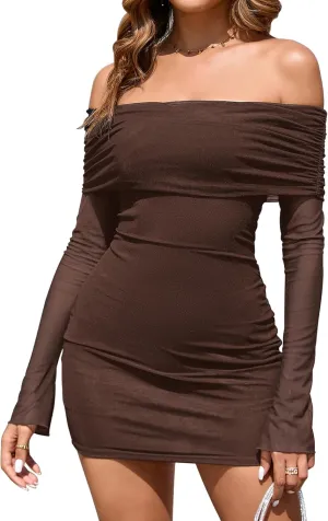 KUTUMAI Women Sexy Long Sleeve Mini Dress Off Shoulder Bodyocn Party Going Out Dresses for Formal Wedding Guest