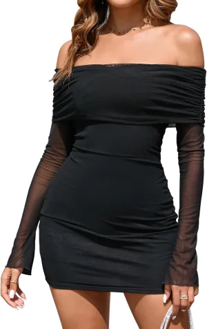 KUTUMAI Women Sexy Long Sleeve Mini Dress Off Shoulder Bodyocn Party Going Out Dresses for Formal Wedding Guest