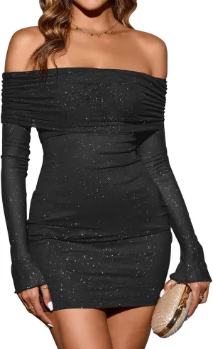 KUTUMAI Women Sexy Long Sleeve Mini Dress Off Shoulder Bodyocn Party Going Out Dresses for Formal Wedding Guest