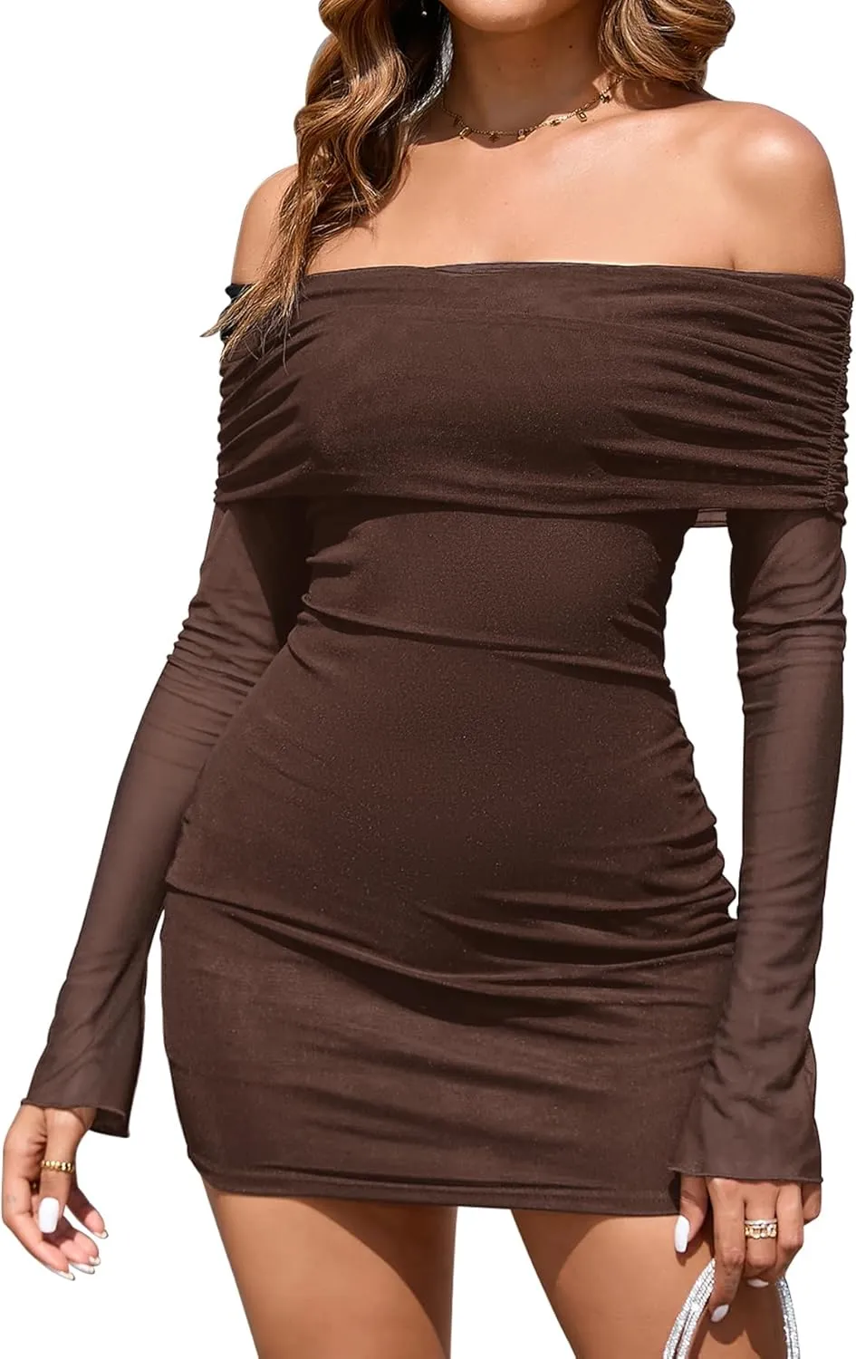 KUTUMAI Women Sexy Long Sleeve Mini Dress Off Shoulder Bodyocn Party Going Out Dresses for Formal Wedding Guest